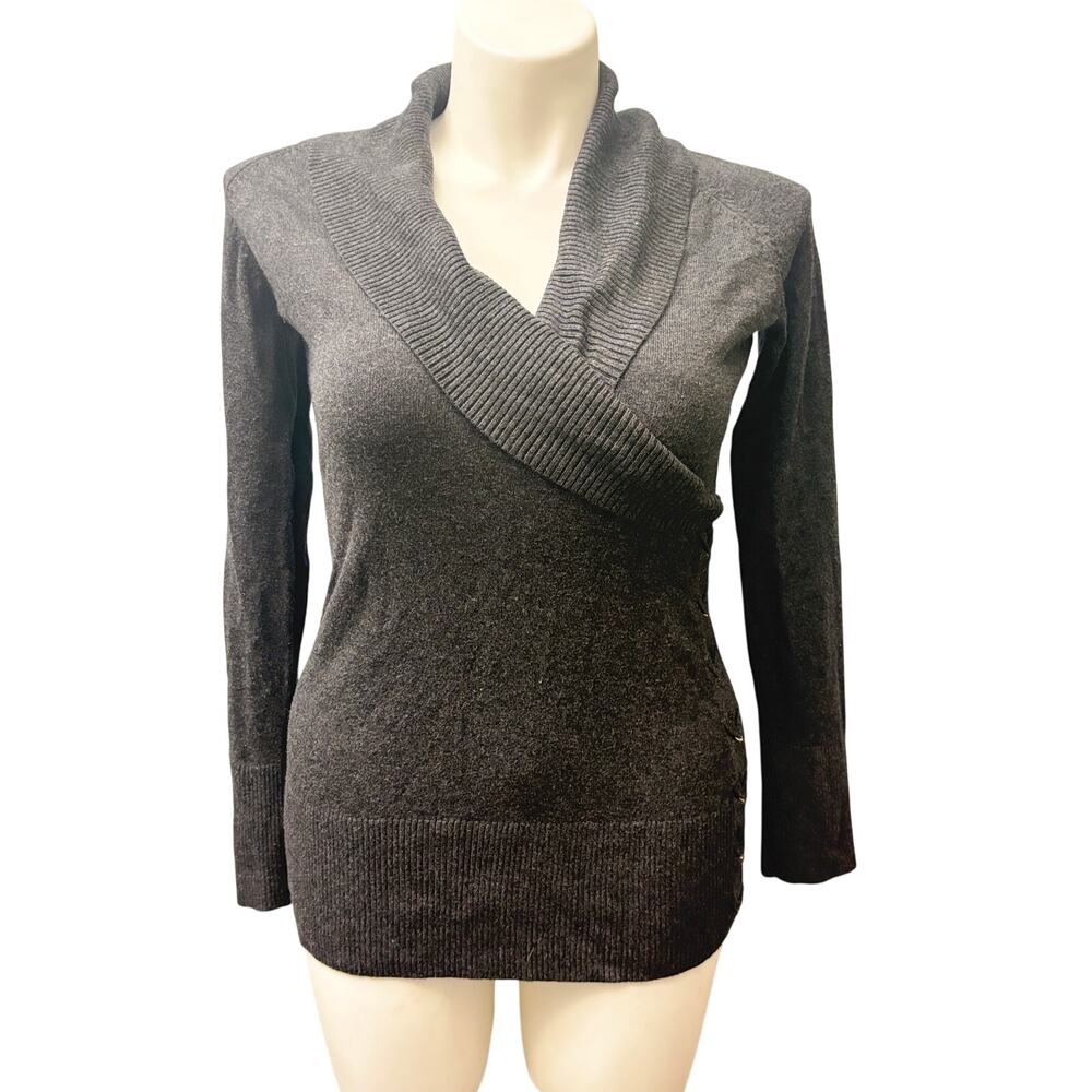 Cache Wrap Sweater Y2K Side Lace Up Gray Shawl Collar Fitted Knit Tunic Size L